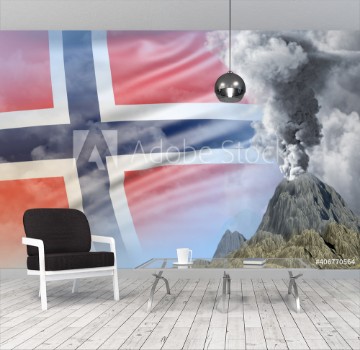 Bild på stratovolcano eruption at day time with white smoke on Norway flag background suffer from eruption and volcanic earthquake concept - 3D illustration of nature